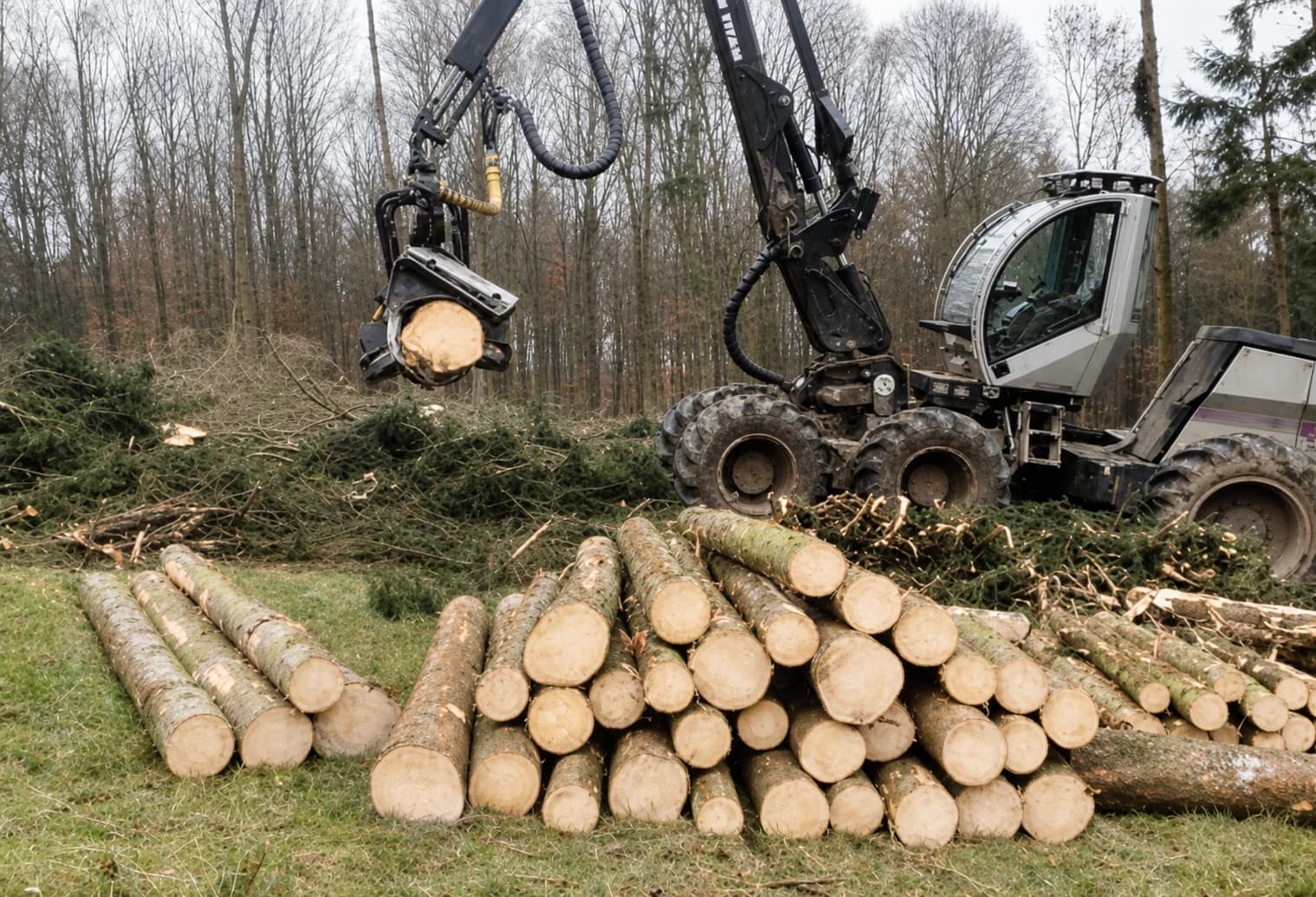 Harvester bei der Holzernte mit gestapelten Rundholzpoltern