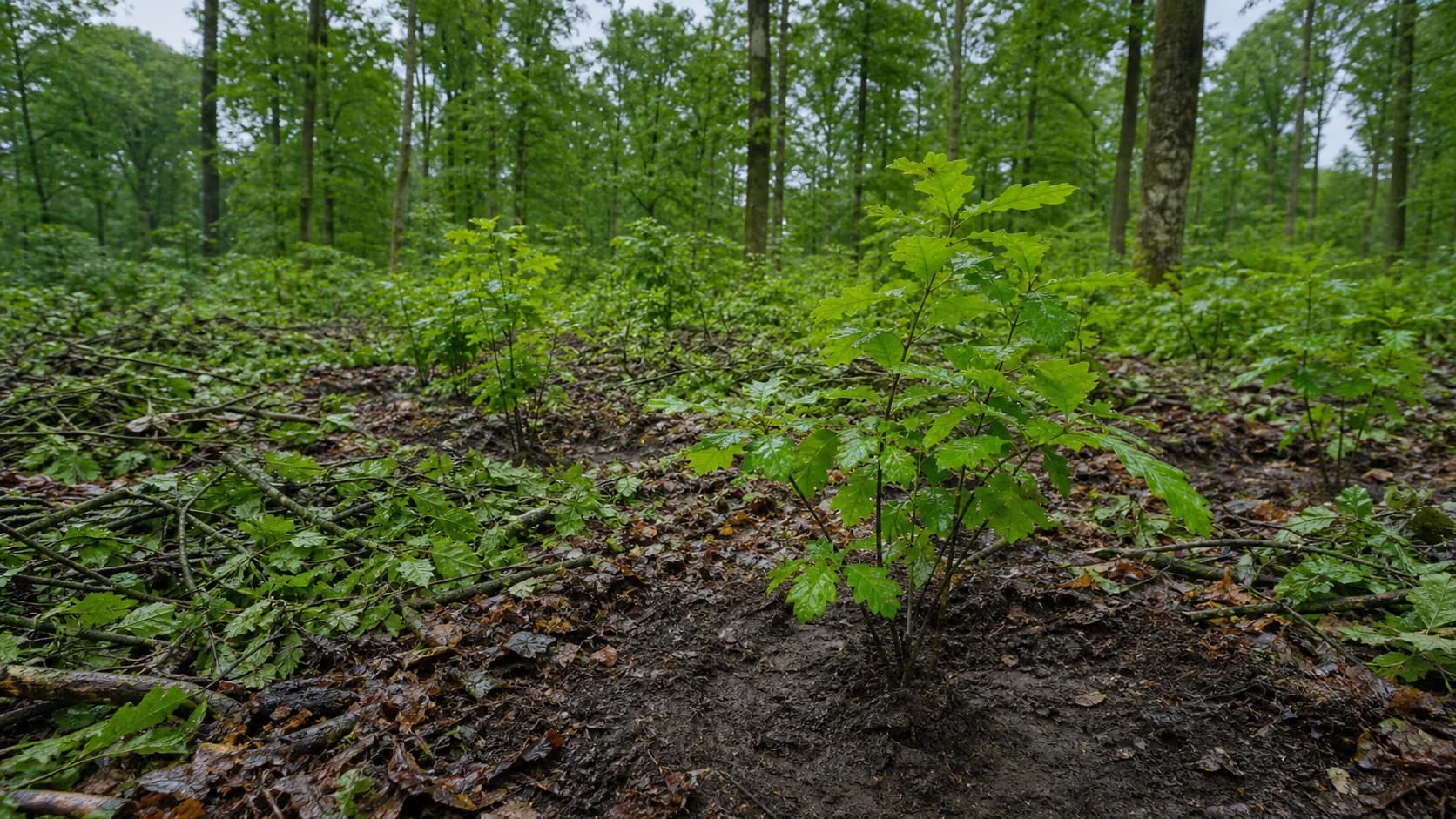 Freigestellte junge Laubbäume nach Kulturpflege im Wald